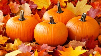 Pumpkins and colorful autumn leaves