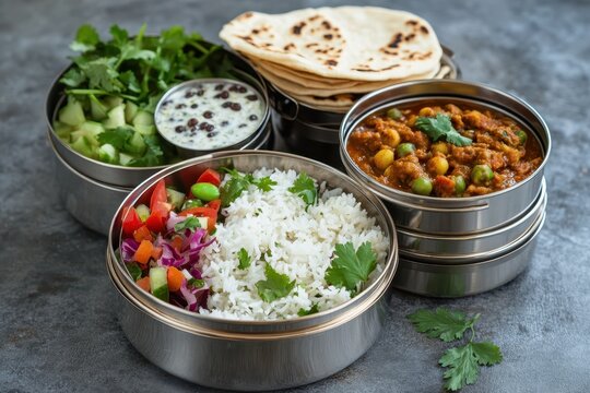 Vegetarian Indian lunch box with stainless steel containers for office with Dal Fry Chole Masala Rice chapati and salad