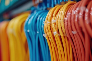 Vibrant cables on fuzzy background up close Electrician s materials