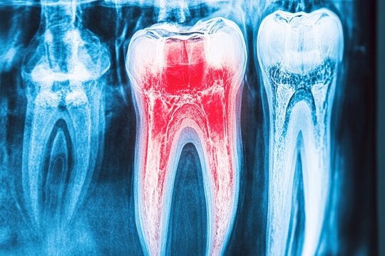 This dental x-ray image showcases a tooth with a clearly highlighted inflamed pulp, indicating potential pulpitis or infection, often necessitating dental treatment.