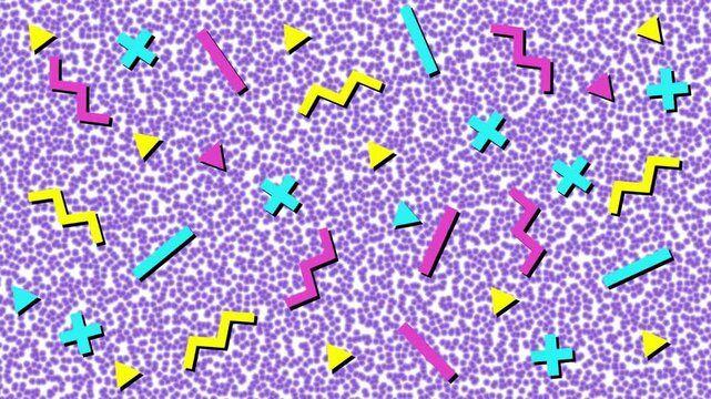 Animation of vibrant abstract shapes moving on purple background