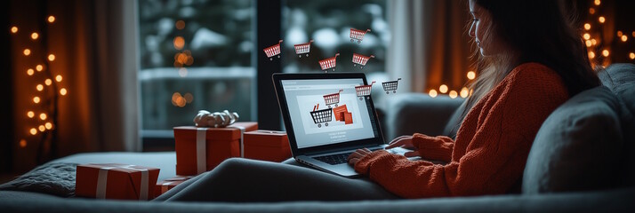 Woman using a laptop for online shopping, surrounded by wrapped gifts and festive decor, with floating shopping carts. Concept for Cyber Monday and holiday shopping