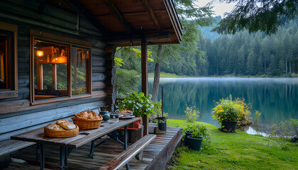 Fototapeta premium Cabin porch with lake and forest view, fresh baked bread on the table.