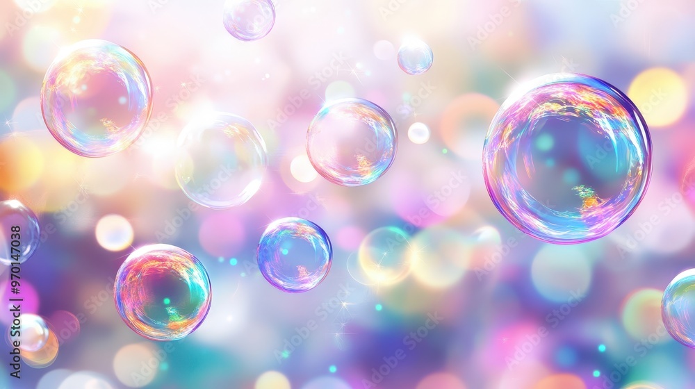 Poster glittering soap bubbles in motion - playful and magical background with vibrant colors of joy and wo