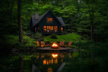 Fototapeta premium Cozy cabin by the lake with a fire pit.