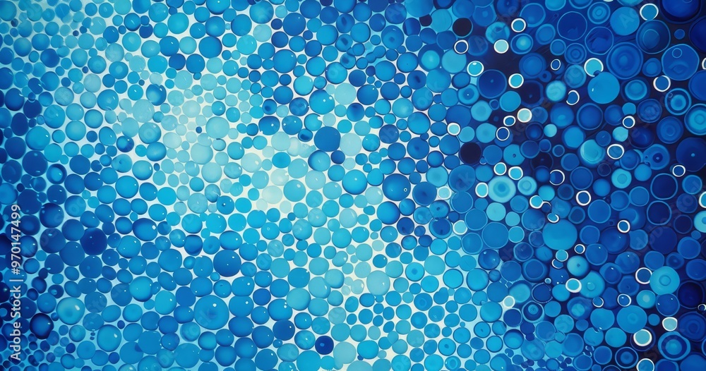 Poster a vibrant abstract composition featuring various shades of blue circles, creating a dynamic and visu