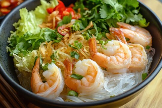 Vietnamese Bo bun with shrimp and rice vermicelli
