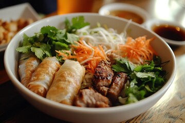 Vietnamese dish Bo bun with vermicelli meat rolls salad herbs