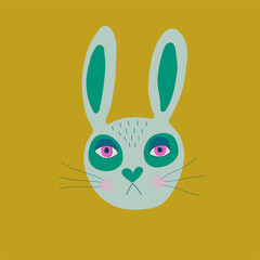 dibujo de conejo serio verde con ojos rosas 