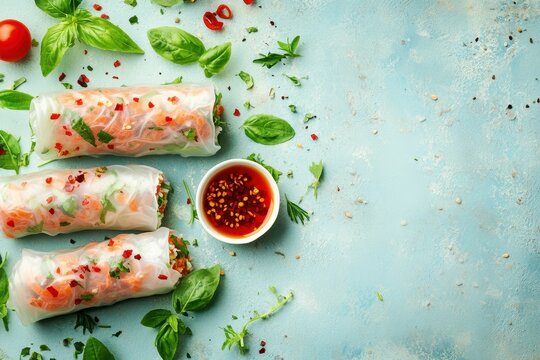 Vietnamese spring rolls made with rice paper fresh vegetables herbs and hot sauce on a light blue backdrop