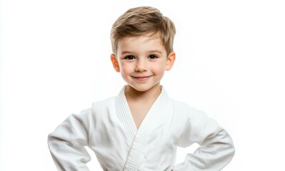 Young Caucasian child on white background doing karate pose with arms on hips and smiling