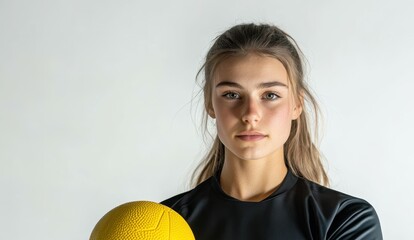 Young Caucasian female handball player with yellow ball on white background in sports uniform athlete portrait with space for text