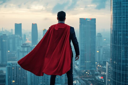 Young businessman wearing red cape on office rooftop looking at modern city morning view