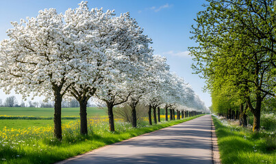 Obraz premium Scenic road lined with blossoming trees in springtime.