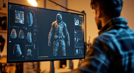 Young designer creates video game character or clothes works from home on computer with professional 3D software