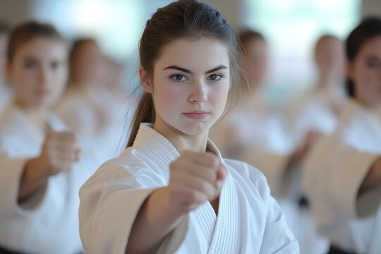 Young female beginner karateka in kimono practicing strikes with group