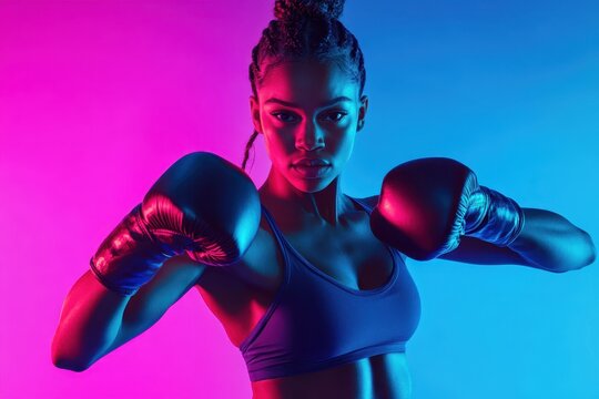 Young female MMA fighter training alone in neon lit background Sport competition healthy lifestyle concept Banner advertisement