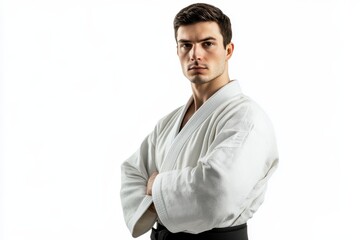 Young fighter in white kimono and black belt posing in combat stance on white background
