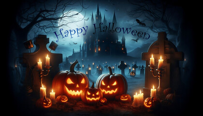 Halloween greeting card, castle with pumpkins, candles, and bats.