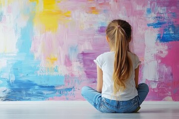 Young girl creating on pale wall inside