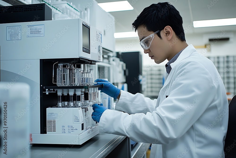 Poster scientist working in a lab with laboratory equipment for research and development
