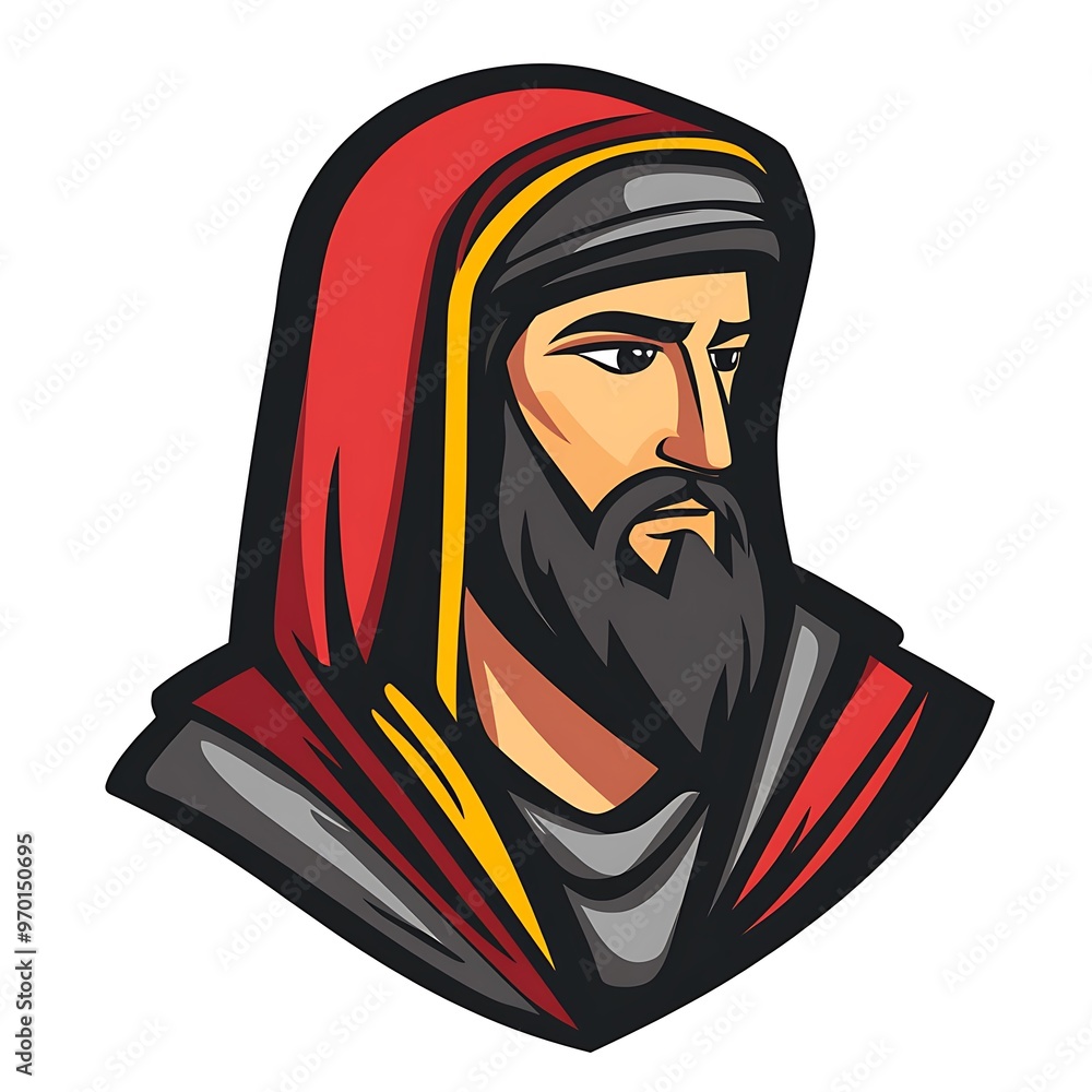 Sticker Man with beard wearing red and gray hooded robe, portrait