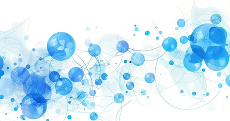 A vibrant abstract design featuring blue bubbles and flowing lines on white background, evoking a sense of movement and fluidity.