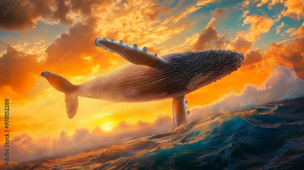 Wall mural whale in the ocean at sunset