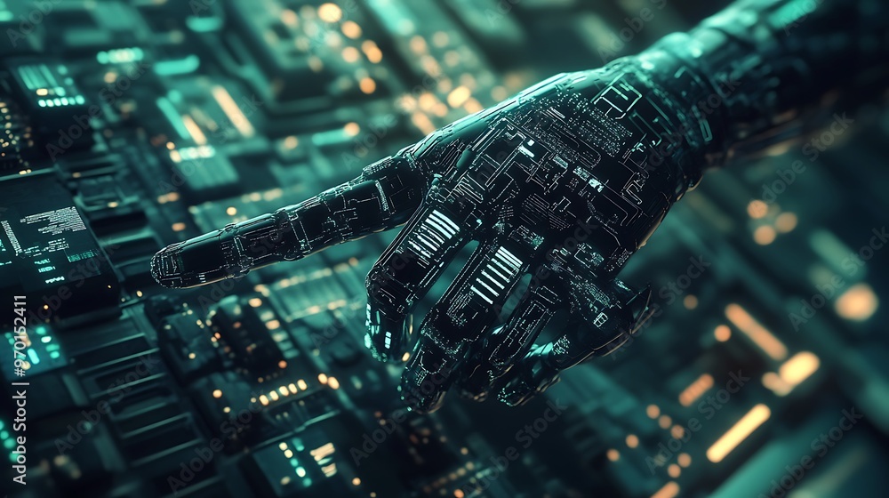 Aufkleber robotic hand pointing on circuit board, artificial intelligence and technology concept