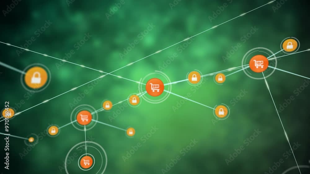 Poster animation of network of connections with trolleys over green background