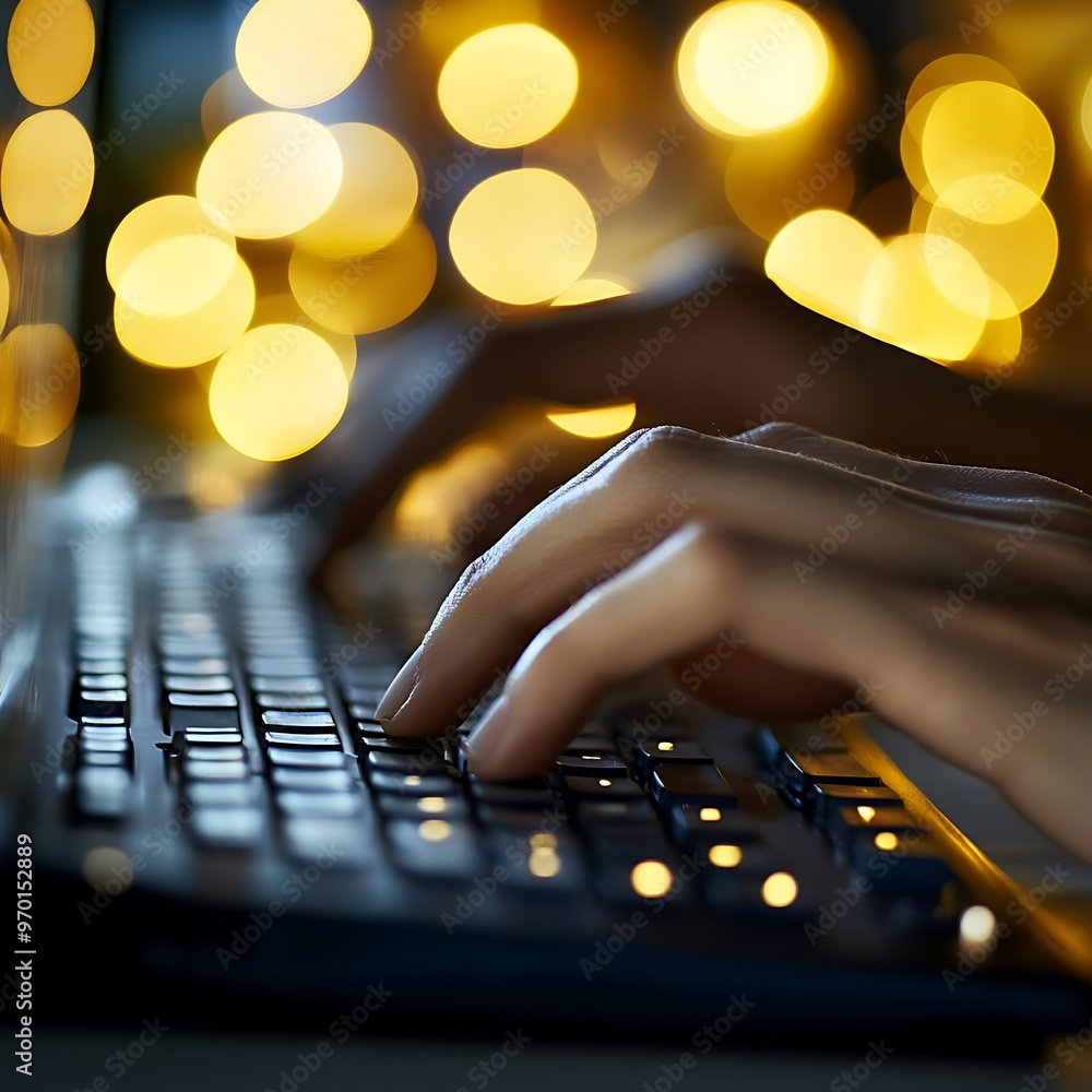 Poster closeup of hands typing on keyboard in dark with blurred lights in the background. concept of work, 
