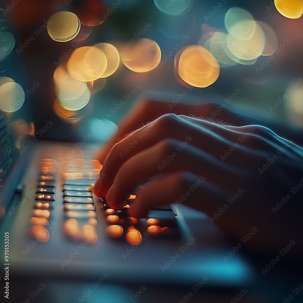 Poster close up of hands typing on laptop keyboard in the dark with blurred lights in background