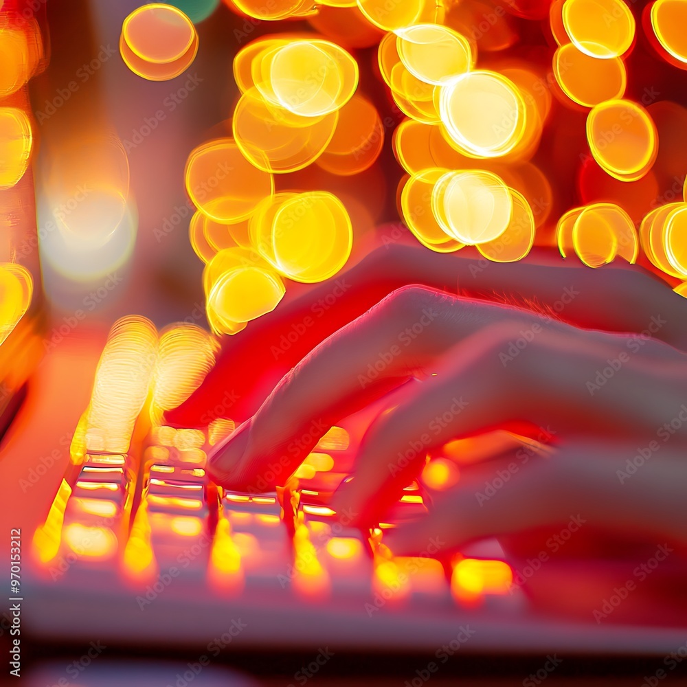 Poster closeup of hands typing on keyboard with bokeh lights