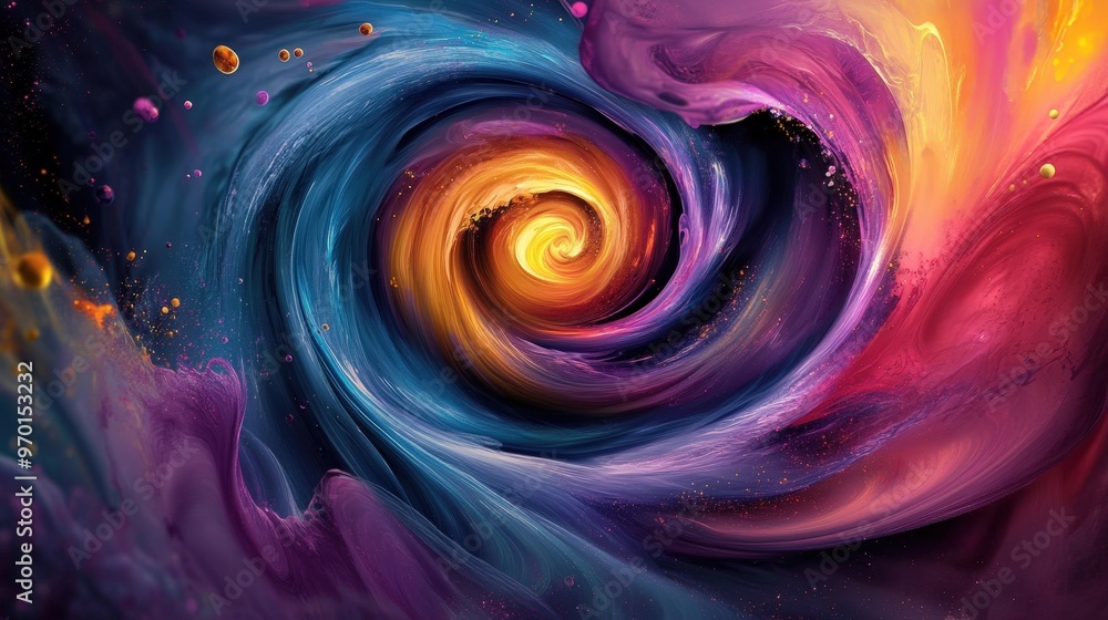 Poster a dynamic background illustration featuring a vibrant spiral of colorful inks swirling and mixing to