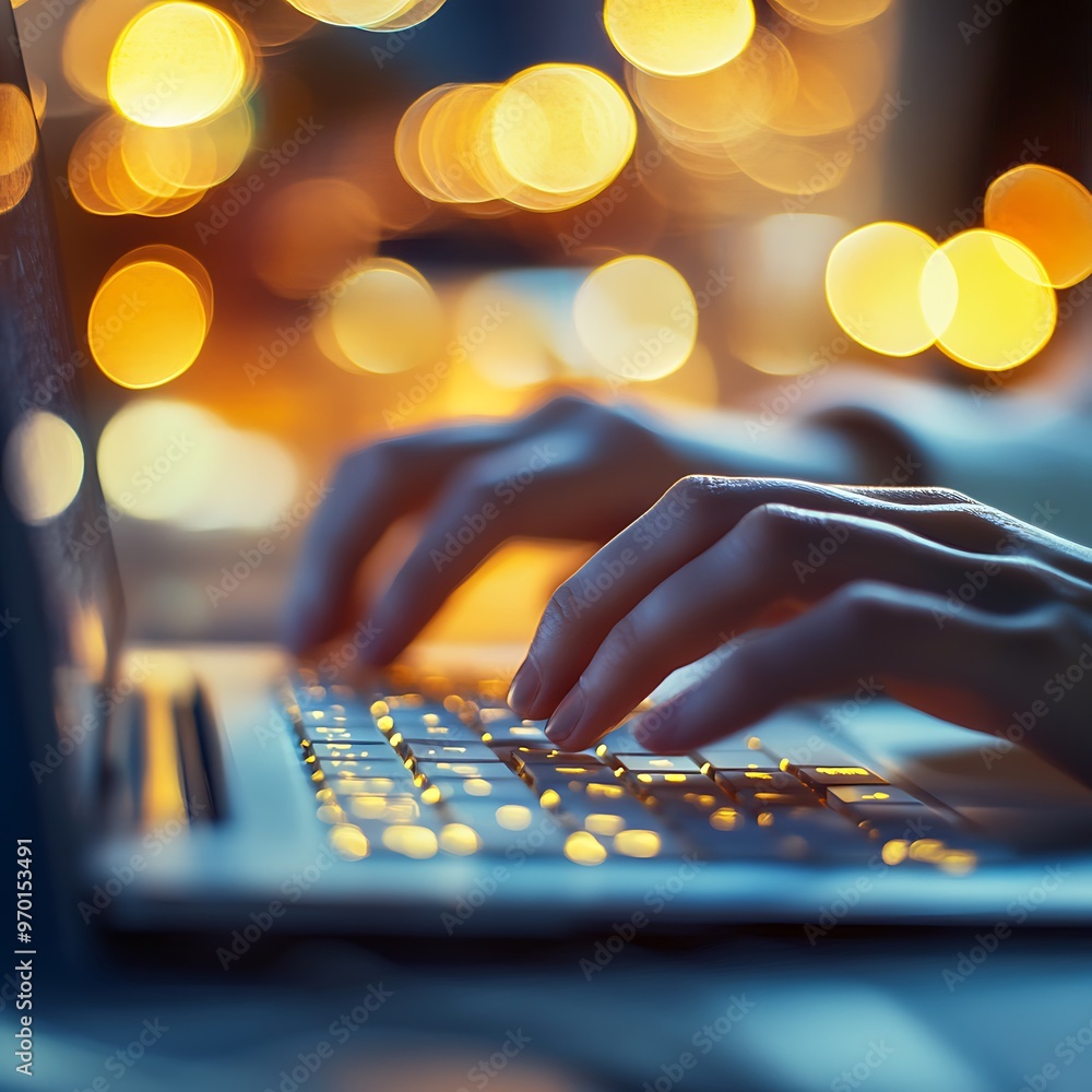 Poster close up of hands typing on a laptop keyboard with bokeh lights in the background