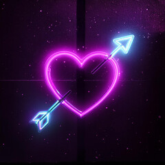 Heart pierced by an arrow, neon color, dark background