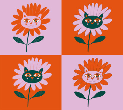 cuatro cuadrados dos rojos y dos rosas, en cada uno hay una flor con cara de gato