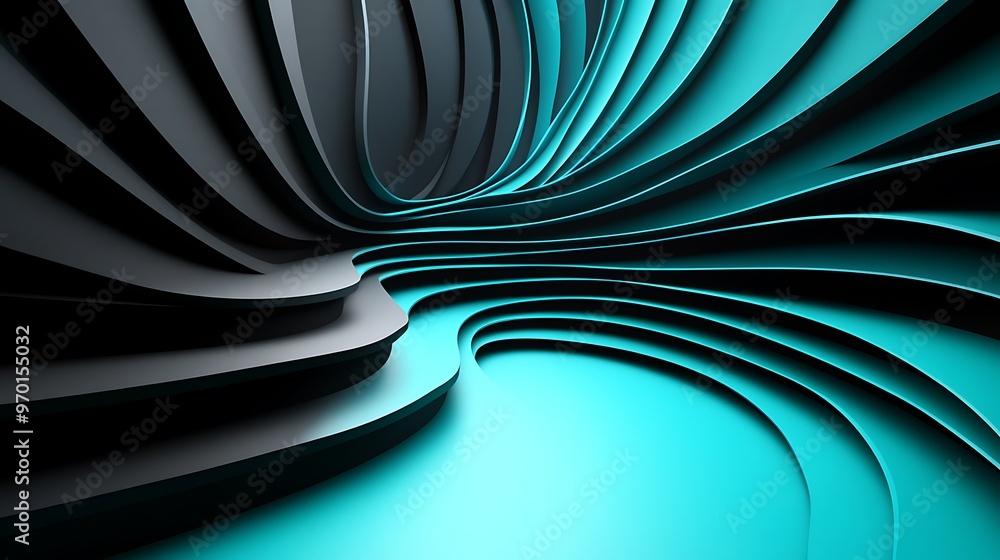 Poster abstract 3d rendering of curved shapes with blue and black