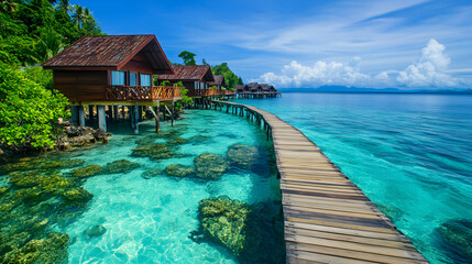 Obraz premium Wooden walkway leading to overwater bungalows on a tropical island.