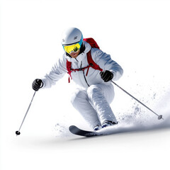 A skier in white gear and helmet expertly glides down a snow-covered slope, showcasing speed and control in winter sport.
