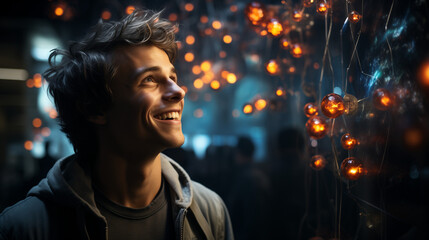 Naklejka premium Young man smiling joyfully surrounded by glowing orbs against dark background