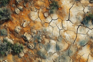 Aerial view of cracked soil in Riotinto desert landscape.