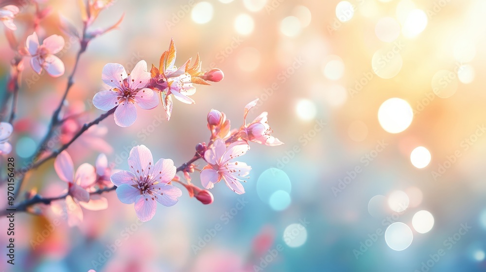 Poster enchanting spring background with delicate pastel-colored petals and bokeh effect