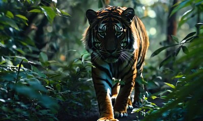Fierce tiger stalking its prey through the dense forest, Video
