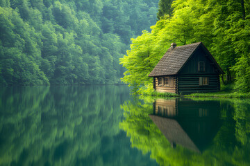 Fototapeta premium Tranquil cabin nestled in lush greenery by a serene lake.