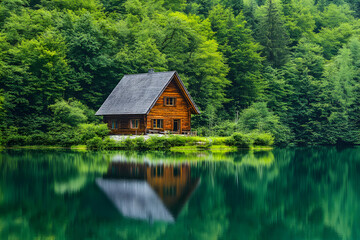 Fototapeta premium A wooden cabin nestled amidst lush green forest, its reflection mirrored in a tranquil lake.