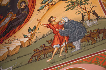 Young man showing something to an old shepherd and pointing with a finger in a vivid biblical scene painting
