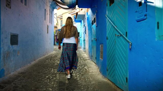 European blonde girl walking in Medina alleys and stairs of Chefchaouen, the famous Blue Pearl of Morocco or Blue City. Chaouen is noted for its buildings in shades of blue, UNESCO heritage.