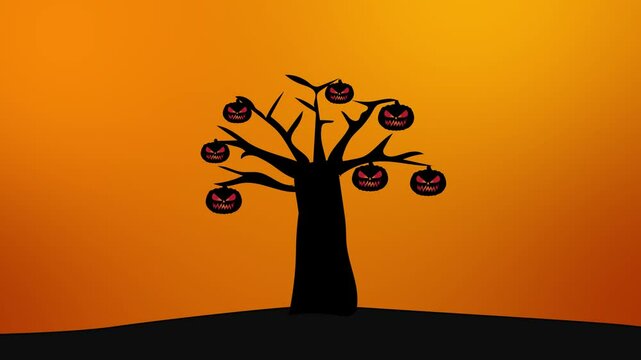 animation of halloween pumpkins next to tree on colored background, halloween background
