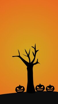 animation of halloween pumpkins next to tree on colored background, halloween background, vertical video